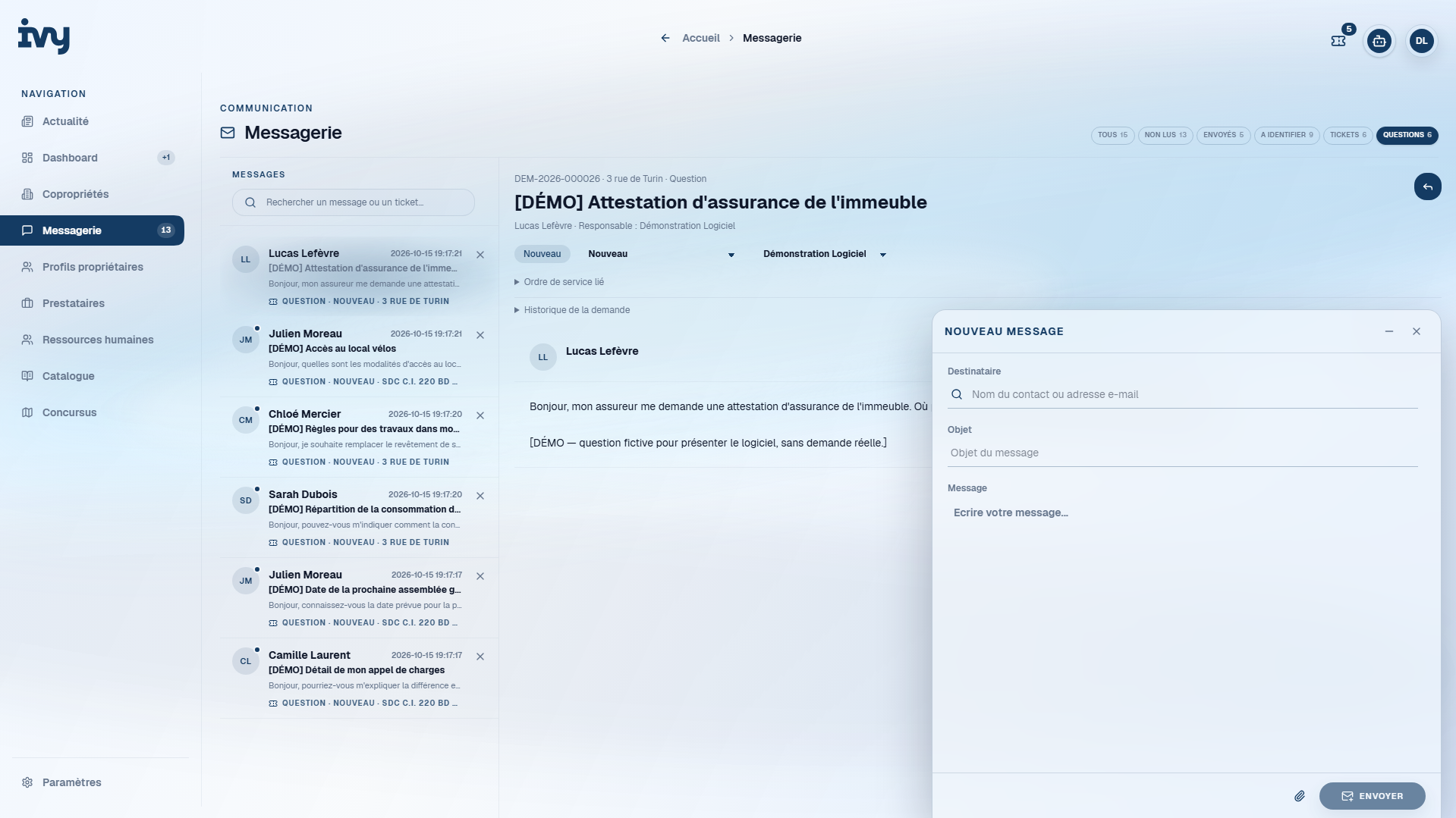Messagerie Ivy : navigation, liste des demandes et panneau de nouveau message sur un écran 24 pouces